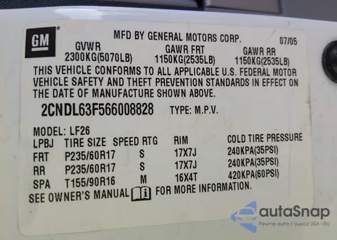 2006 Chevrolet Equinox Lt из США, поврежденный, VIN 2CNDL63F566008828